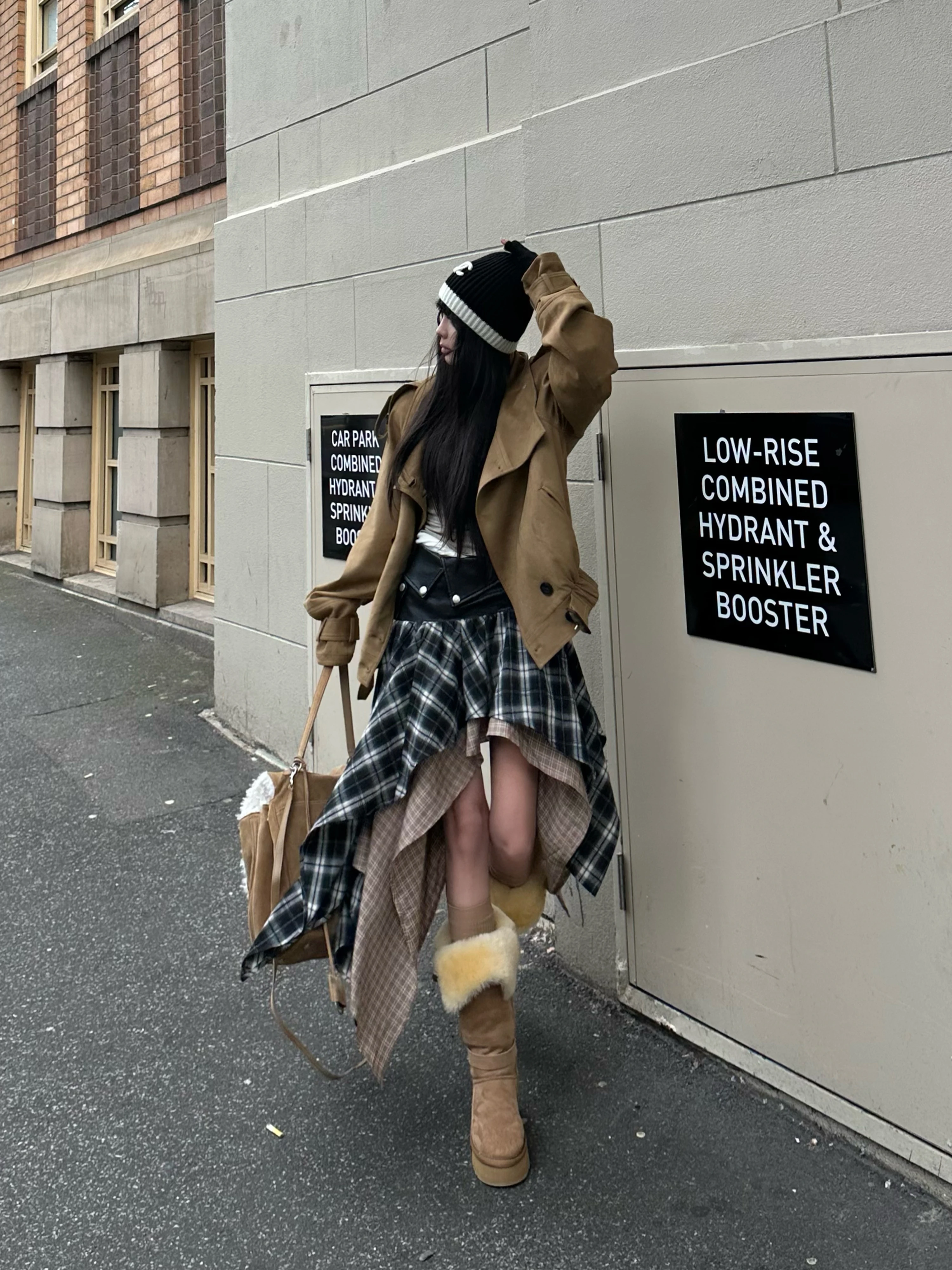 Warden  Color Block Plaid Asymmetrical Skirt Women's Autumn Season Splicing Design Vintage Long Skirt Low Waist A-Line