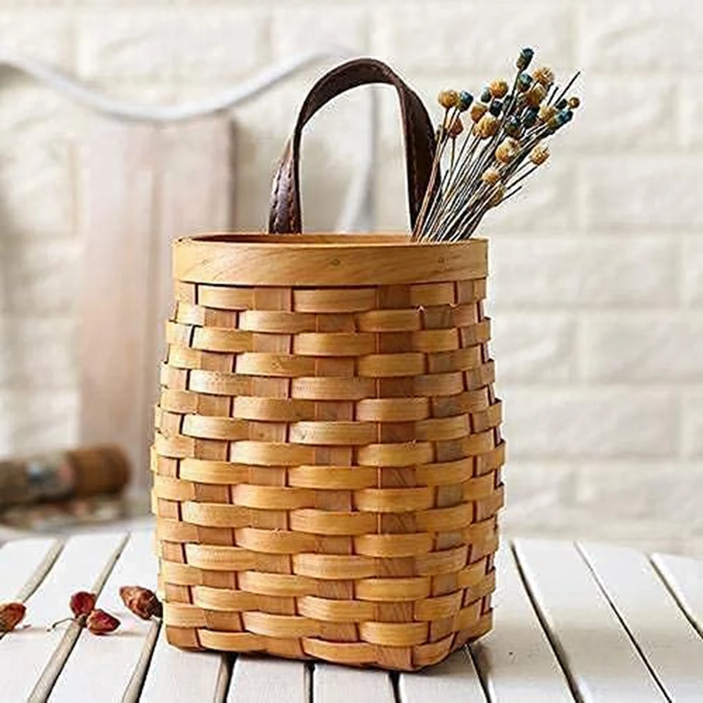 Hand-Woven Wood Storage Basket Portable Wall Hanging Flower Basket Organizer Fruit Vegetable Toys Rattan Box Home Decoration