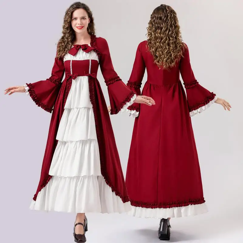 

loween Medieval Gothic Court Sle Dr Square Collar Waist Cinching Patchwork Knot Evening Gown Women's Faion