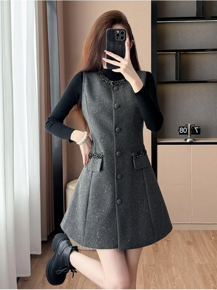 SMTHMA Koreanische High-End-Neue Mode Woolen Einreiher Ärmellose Luxus Perlen Weste Kleid + Gestrickte Pullover Zwei-stück Set