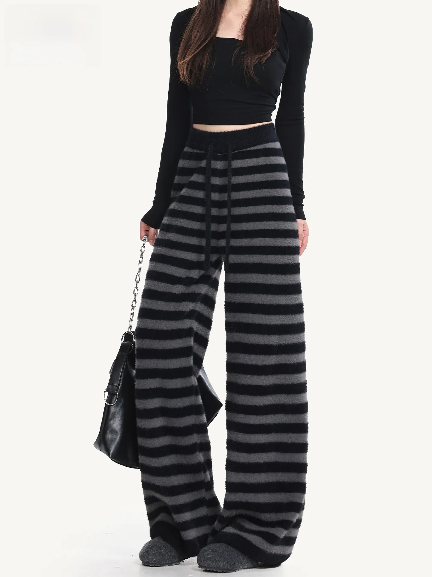 

High Waist Fleece Lined Knitted Wide Leg Casual Pants Women's Summer New Style 2026 Mink Velvet Striped Floor Length Loose Fit