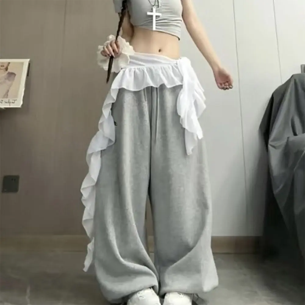 Celana Jeans Dekorasi Rok Mini Renda Tidak Beraturan Rok Ruched Harajuku Tembus Pandang Rok Ruffles Berenda Pinggang Tinggi Desain Bertali