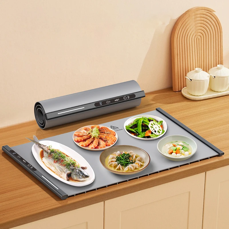 Estera de mesa plana inteligente plegable de calentamiento rápido de silicona, bandeja de aislamiento de alimentos eléctrica portátil de superficie completa