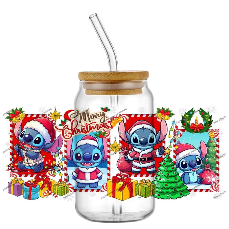 

Christmas Topic Cute Stitch UV DTF Cup Mug Wraps Car Sticker DIY Deca For 16oz Libbey Glass Creative Cup Label Holiday gifts