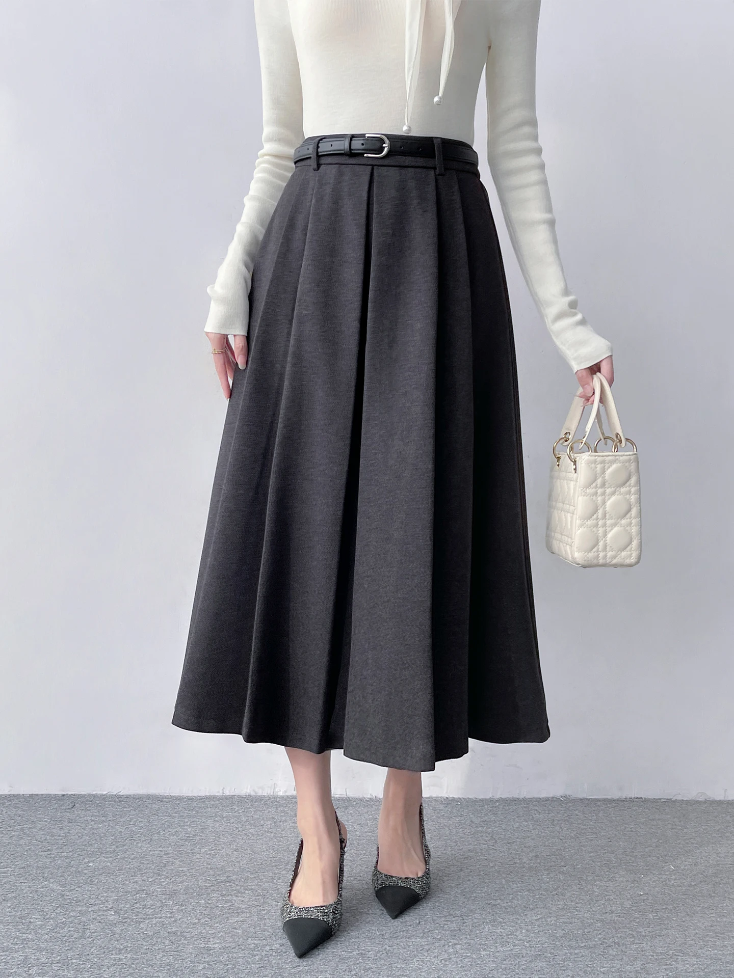 

Корейская женская зимняя шерстяная юбка с высокой талией, утепленная, осенне-зимняя, длинная плиссированная юбка с поясом, удобная для повседневной носки