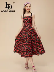 LD LINDA DELLA 2023 Summer Fashion Designer  Dress Women's Suspender Cherry Print High Waist Crumple Slim Fit Party Dress