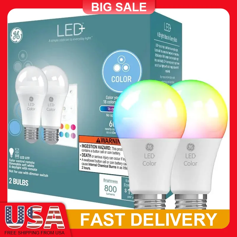 

2Pack A19 RGB Color Changing LED Bulbs 16 Colors Remote Control Dimmable 60W E26 Light Bulb for Bedroom Living Room Party