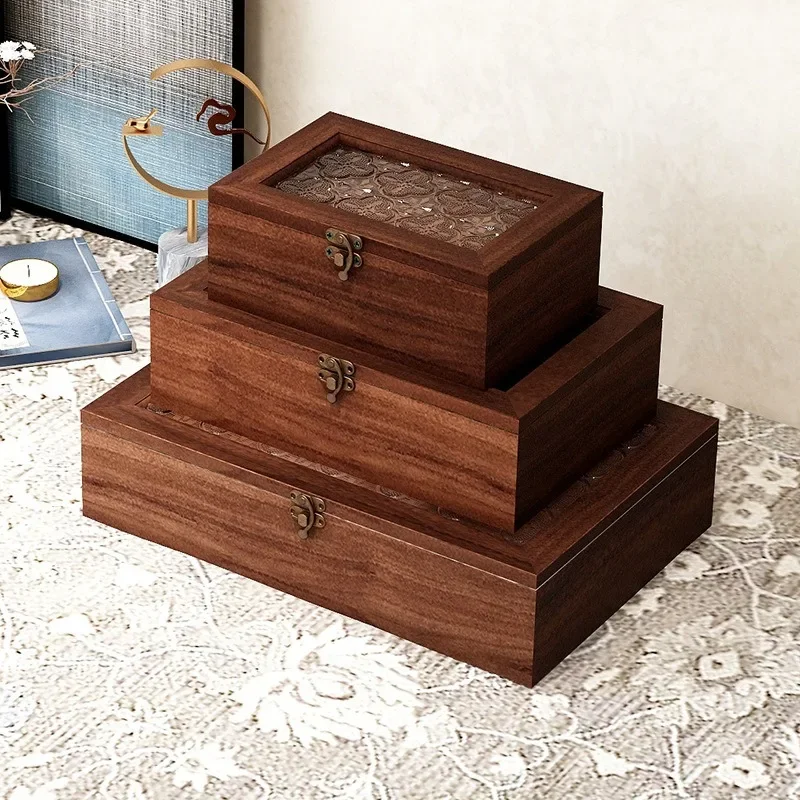 

Retro Wooden Drawe Haitang Flower Glass Storage Box Vintage Storage Cabinet Desktop Sorting Flipping BOX Makeup Table Decoration