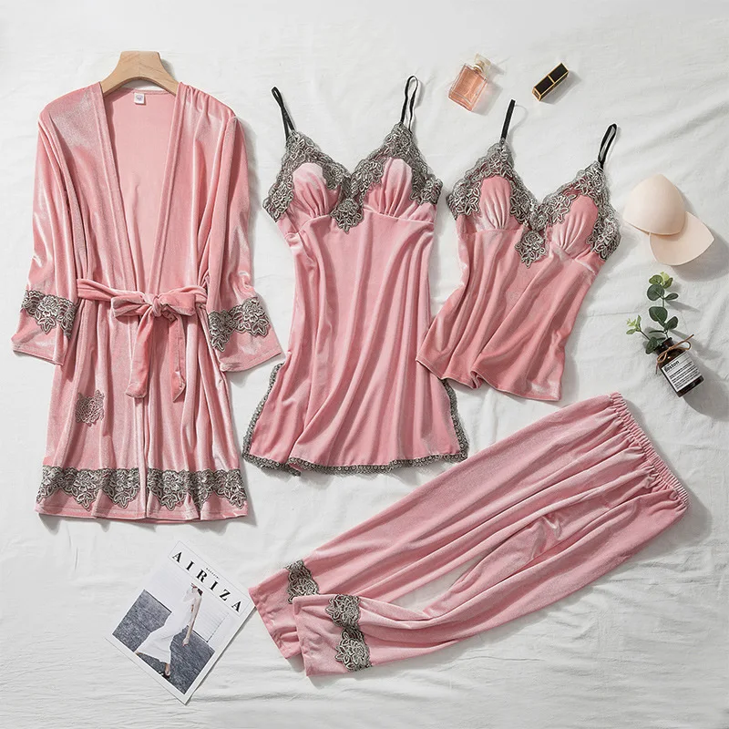 Pajamas Four-Piece Set Sexy Lace Trim Bathrobe Trouser Suits Velvet Women Sleepwear Autumn Winter Velour Home Clothes Loungewear