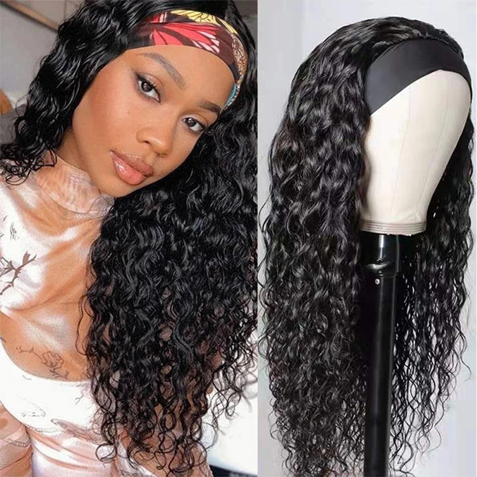 Water Wave Headband Wigs Remy Human Hair Wig Ready To Wear Glueless Brazilian Kinky Curly Headband Human Hair Wig for Women 180%