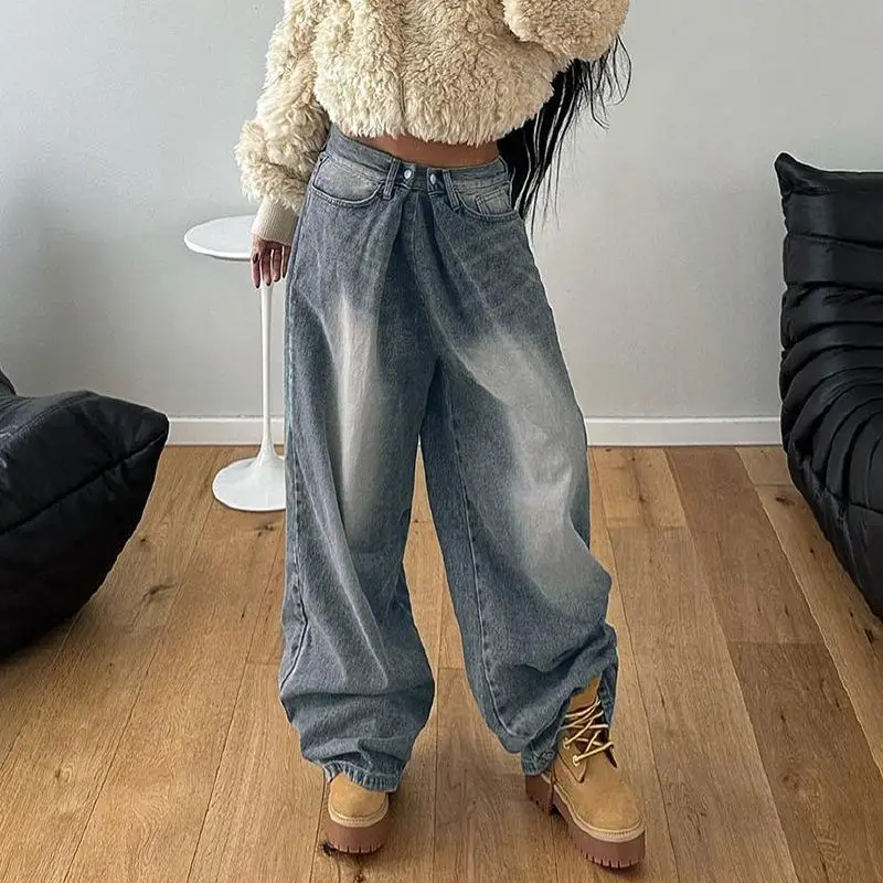 

Women's Clothing Jeans Vintage Pleated Hook and Loop High Waisted Vintage Jeans for Women Floor Length Loose Wide Leg Pants