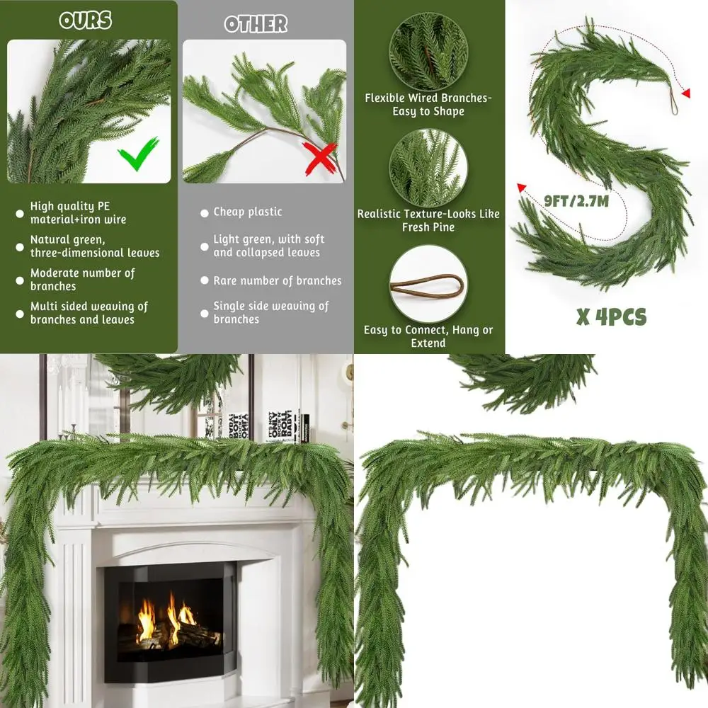 

9-футовые настоящие сенсорные сосновые гирлянды Norfolk (4 шт.) — реалистичная рождественская зелень для домашнего и наружного праздничного декора