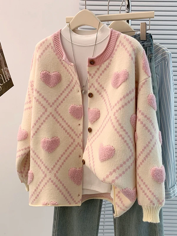 

Trendy Love Heart Towel Embroidery Loose Long Sve Sweater Jaet Women's Autumn Winter Faion Outerwear Casual Sle