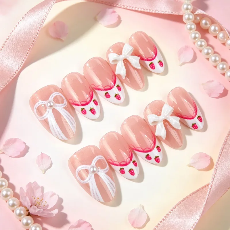30Pcs False Nails Sweet Bow Almond-Shaped Pearl Pink Strawberry French Style Press-On Nails—Perfect for Girls and Friends