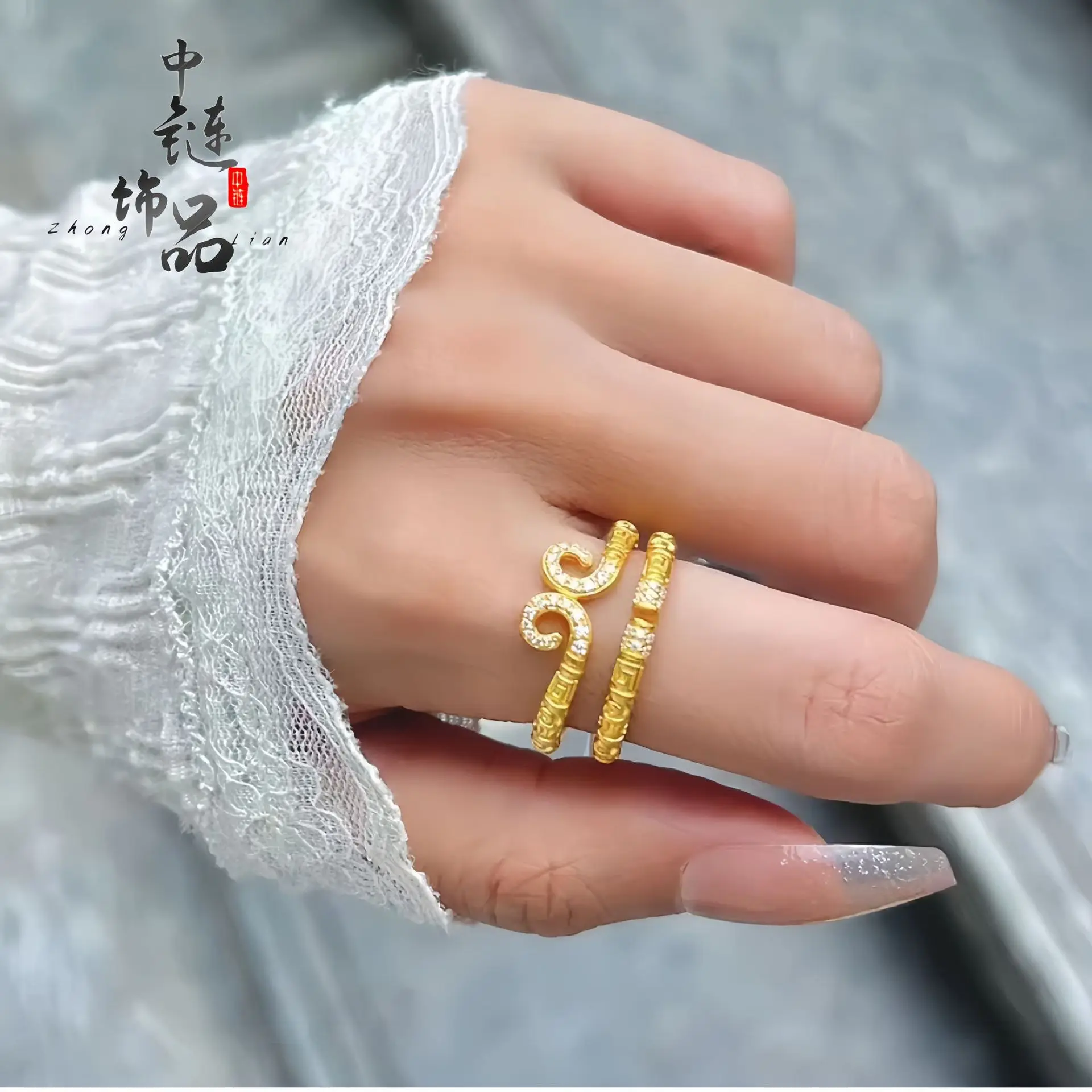 9999 gold micro-set tight binding charm ring, traditional Chinese style golden staff open finger ring, couple's matching