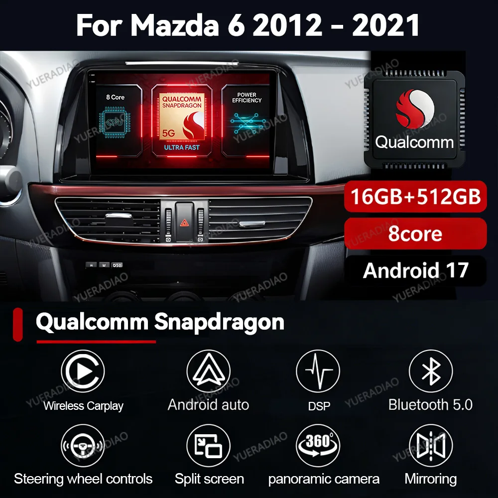 Android 17 Wireless Carplay Auto For Mazda 6 GJ Atenza Touring Sport GT Car Radio Multimedia Video Player GPS NAVI 4G WIFI QLED