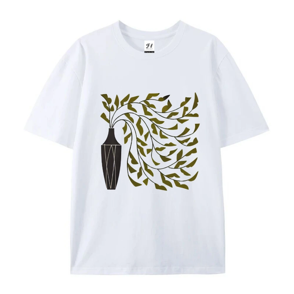 花瓶リーフ Tシャツ エレガントな花瓶 グリーン リーフ プリント カジュアル ルーズ 半袖 夏 芸術的 自然愛 スタイリッシュ 快適 トップ