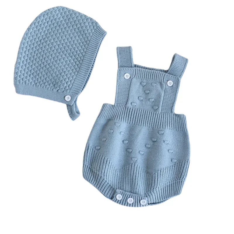 

2PCS Newborn Baby Girl Knit Romper Set Soft Overalls + Hat Textured Design Light Blue Infant Outfit Baby Girls Sweater Bodysuit