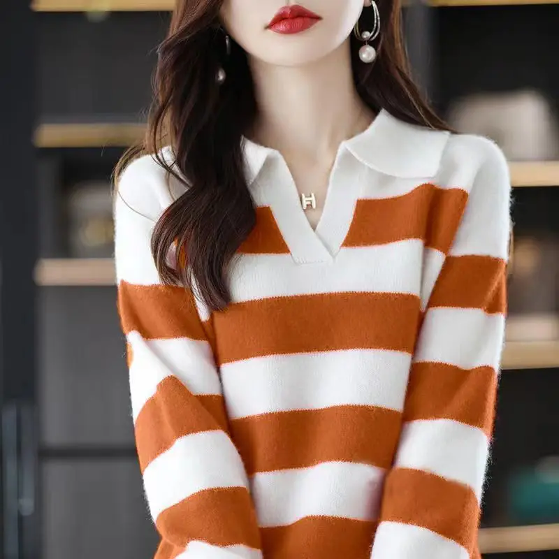 POLO Collar Fashion Striped Knitwear Sweater Autumn Winter New Loose Korean Version Pullover Temperament Base Shirt Top Woman