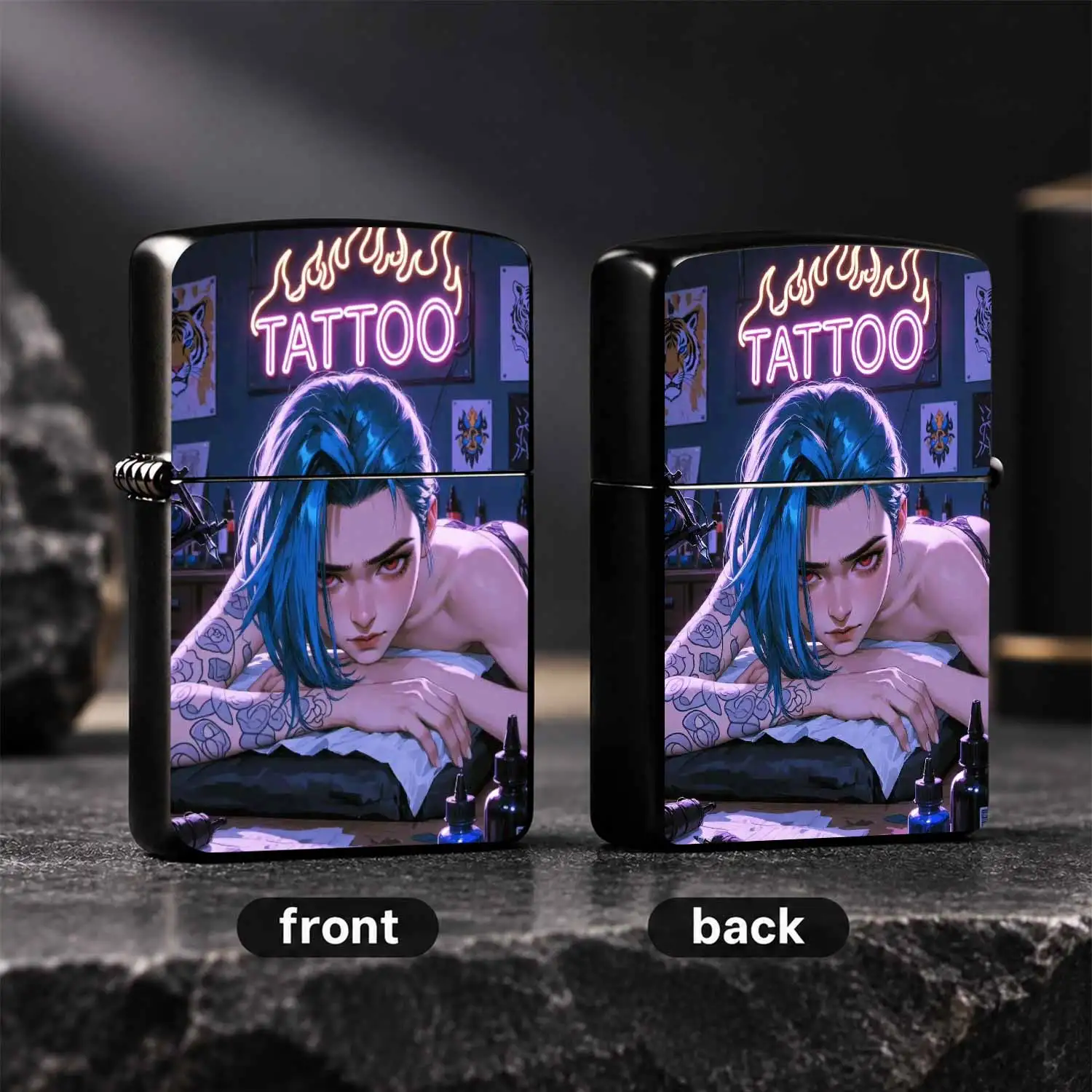 Trendy Cool Blue-Haired Red-Eyed Girl Tattoo Studio Themed Art Printed Portable Lighter, Vibe Neon Creative Unique Decor Gadget, Suitable For Daily Commute Outdoor Trips All Scenarios, Exquisite Distinctive Memorial Gift For Pals And Hobbyi