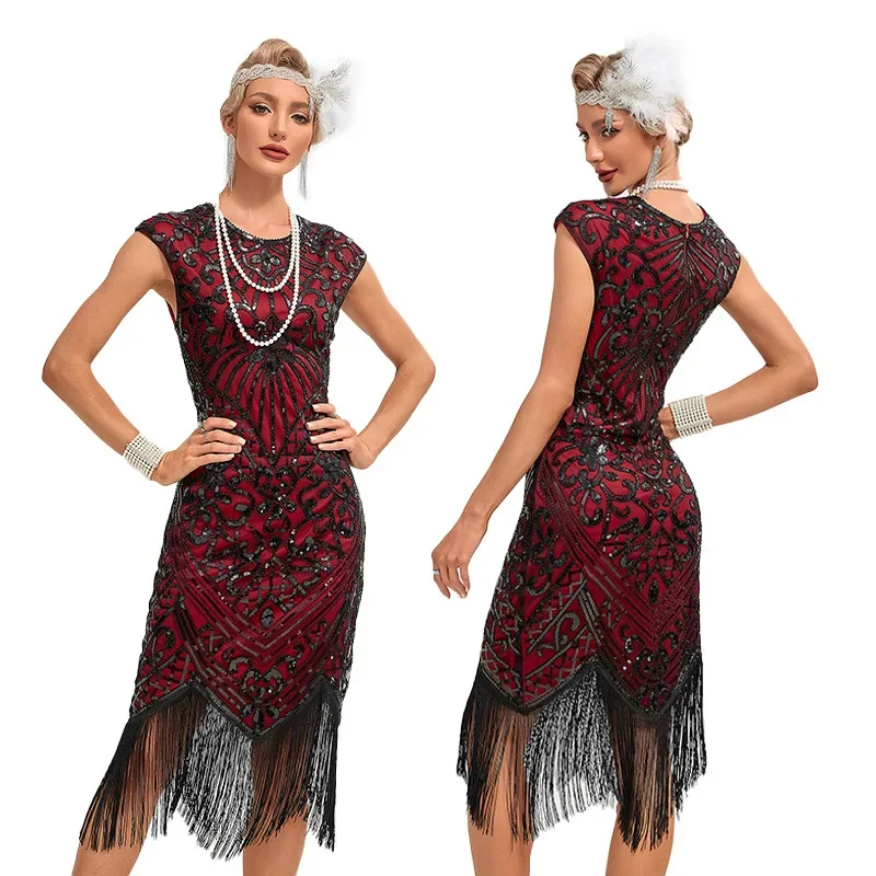 1920s Retro świetny imprezowa, koktajlowa Gatsby bankiet duża sukienka Charleston Dance Dress frędzle, cekin sukienka