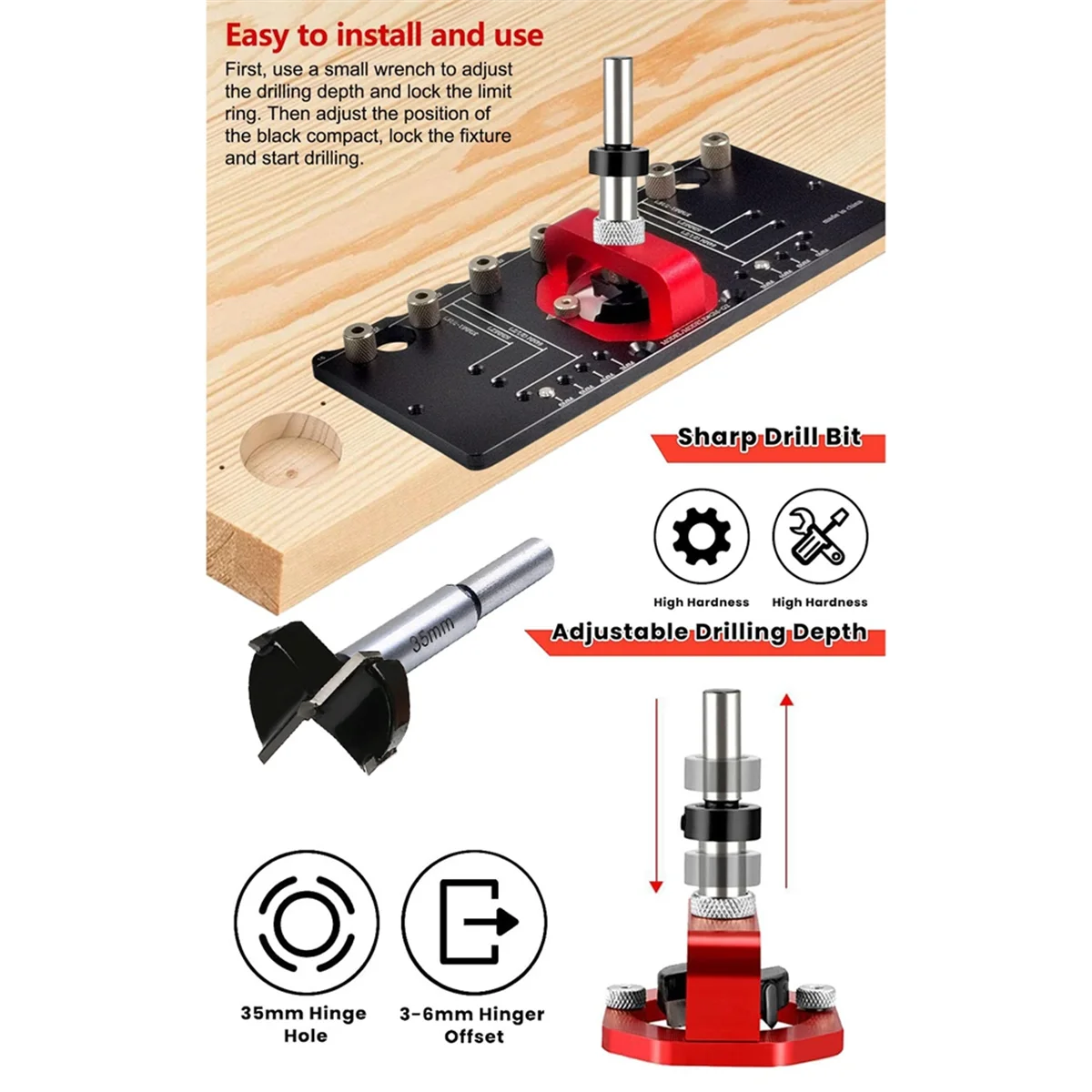 35mm Concealed Hinge Jig, Shelf Pin Drilling Guide, Cabinet Hinge Mounting Jig Locator, Woodworking Hinge Hole Punch