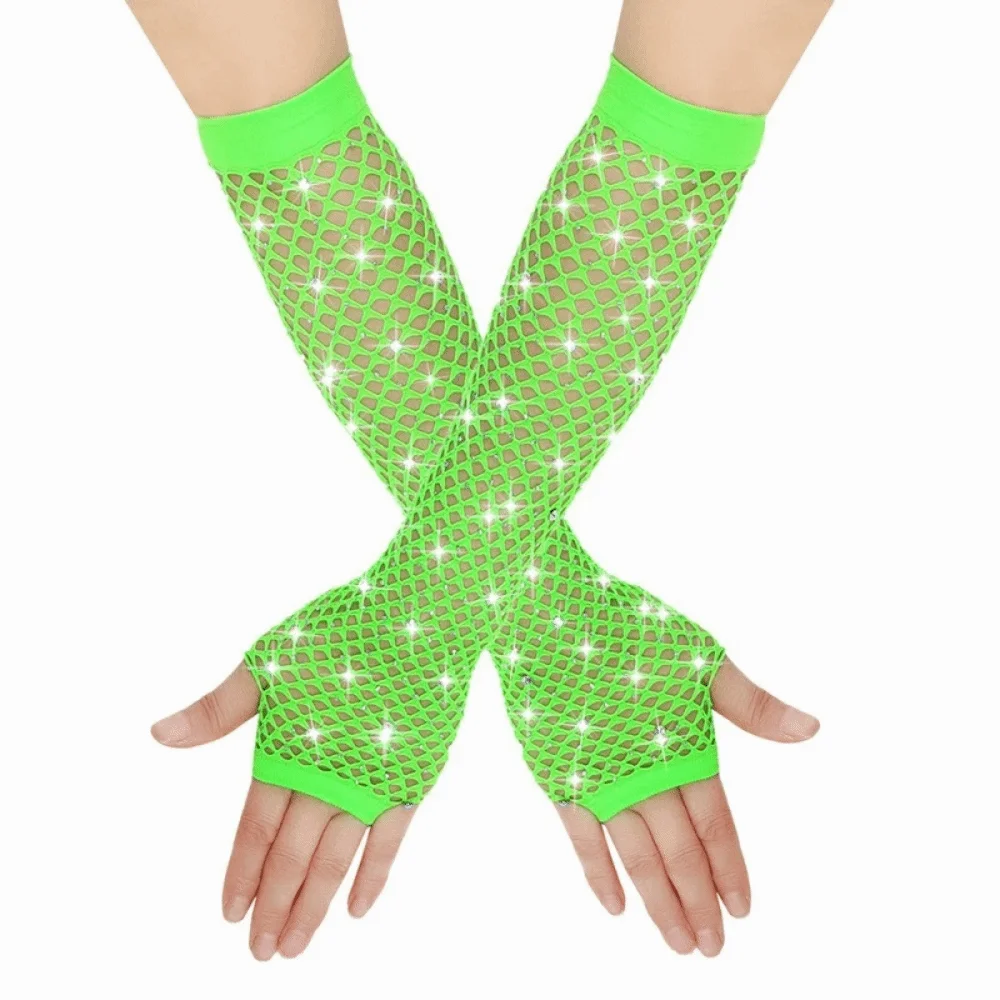 Fashion Elastic Rhinestone Gloves Shiny Punk Fishnet Fingerless Gloves Gothic Style Black White Mesh Lace Gloves Women's Fashion