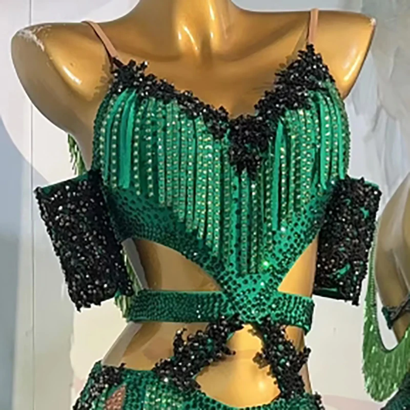 Traje de dança latina strass feminino high-end personalizado verde diamante tira saia dividida samba desempenho vestido