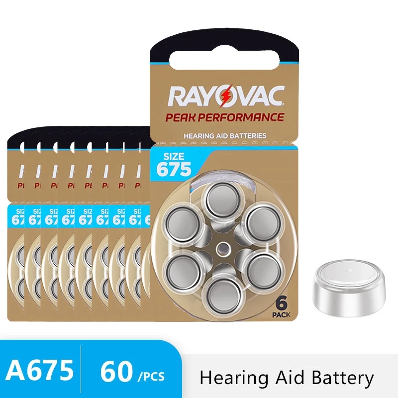 เครื่องช่วยฟังแบตเตอรี่ 60 PCS/10 การ์ด RAYOVAC PEAK Zinc Air แบตเตอรี่สําหรับ BTE CIC RIC OE เครื่องช่วยฟังแบตเตอรี่ 675A A675 675 PR44