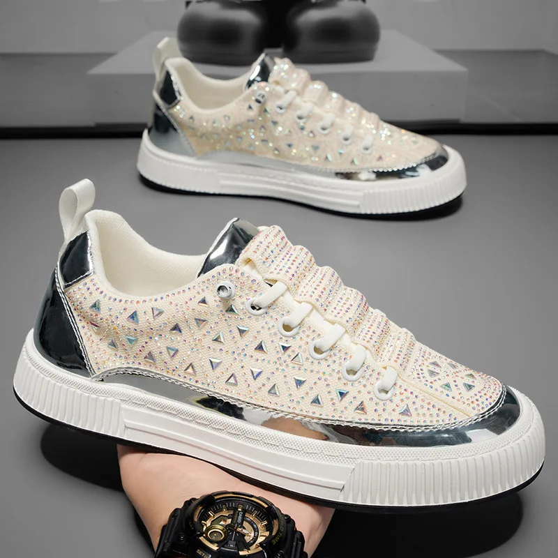Light Luxury Men's Diamond Embossed Sports Casual Shoes Spring Autumn Collection Colorful Surface Bright Board Shoes for Youths