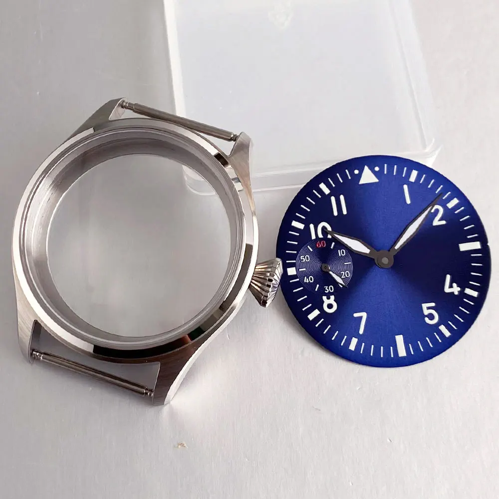 42mm Retro Pilot Watch Case Sapphire Crystal Fit for Seagull ST3600 ETA 6497 Hand-winding Mechanical Movement Luminous Dial Set