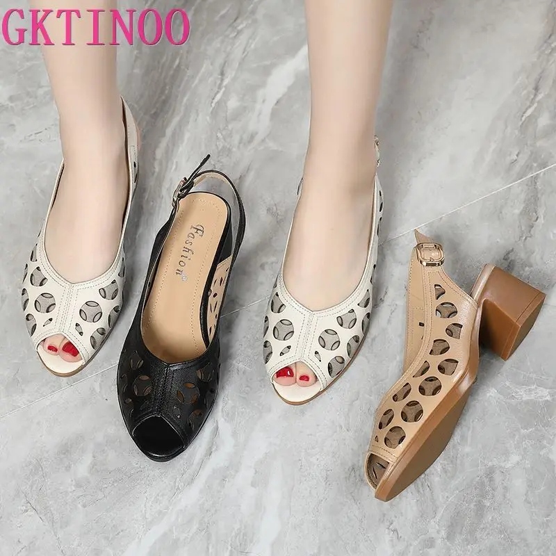 GKTINOO 2024 Summer Shoes Woman Open Toe Women Genuine Leather High Heel Sandals Casual Hollow Sandals Plus Size Women Sandals