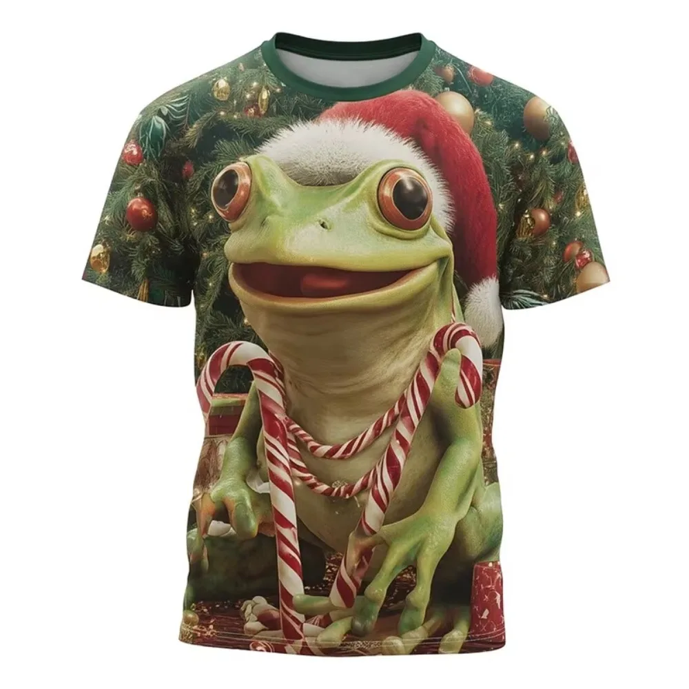 Christmas Fun Wearing Christmas Hat Frog Quickdry Breath 3D Print Men T-Shirt Street Fashion Party Cosplay Parent-child Clothing