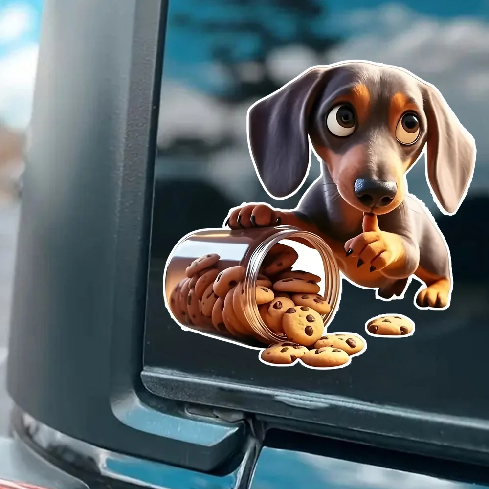12x12cm Cute Dachshund Design with Cookie Jar, Self-Adhesive Car Sticker for Trucks, Laptops, Motorcycles, Windows, Walls