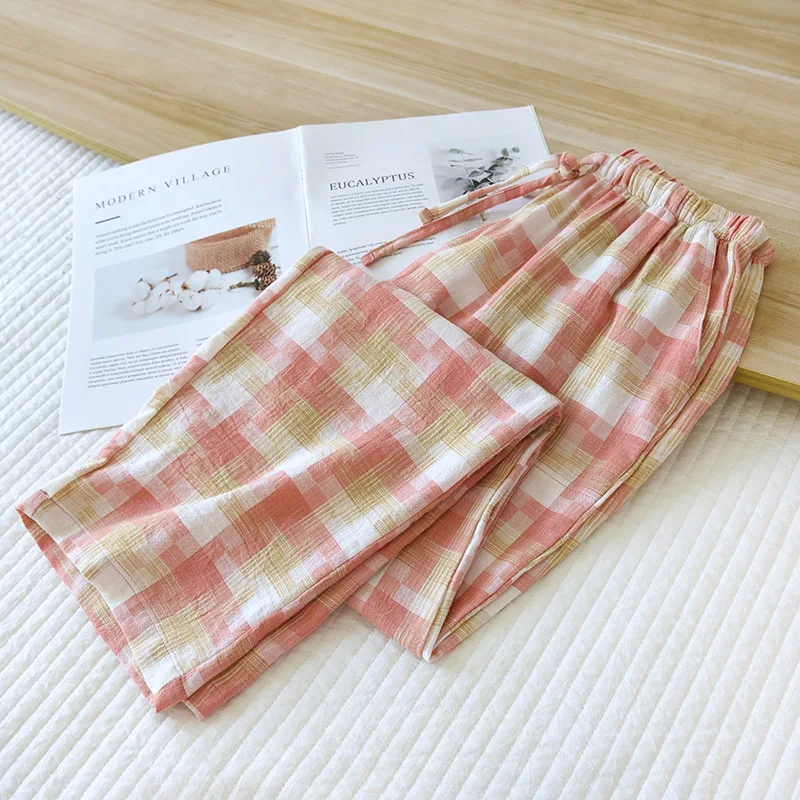 2024 Japanese Spring and Autumn Women\'s All Cotton Pajama Pants Simple Plaid Pants Thin Loose Women\'s Straight Home Pants