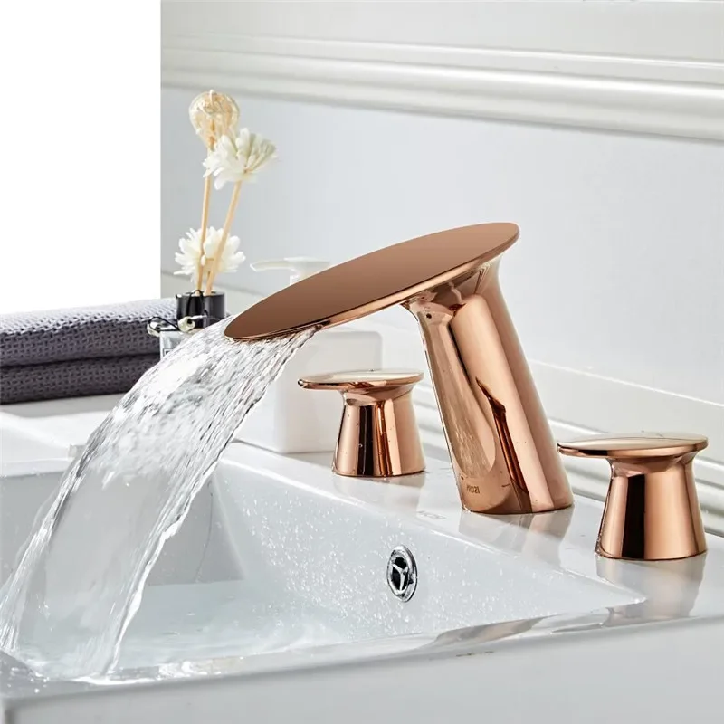 

Basin Faucet Brushed Gold Bathroom Sink 3 Hole Widespread Rose Gold Basin Mixer Hot And Cold Gold Waterfall Tap New