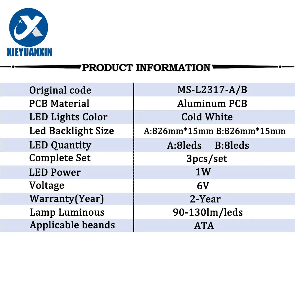 แถบไฟเรืองแสงทีวี LED 6V 826มม. สำหรับ ATA ชิ้นส่วนทีวี3ชิ้น/เซ็ต43X600 T43 MS-L2317-B MS-L2317-A 43นิ้ว