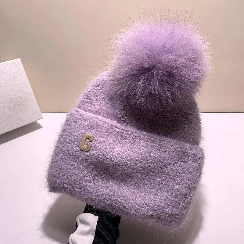 New Winter Rabbit Fur Knitted Hat Women Warm Autumn Real Fox Fur Pom Pom Hat Female High-quality Fluffy Pompoms Beanies