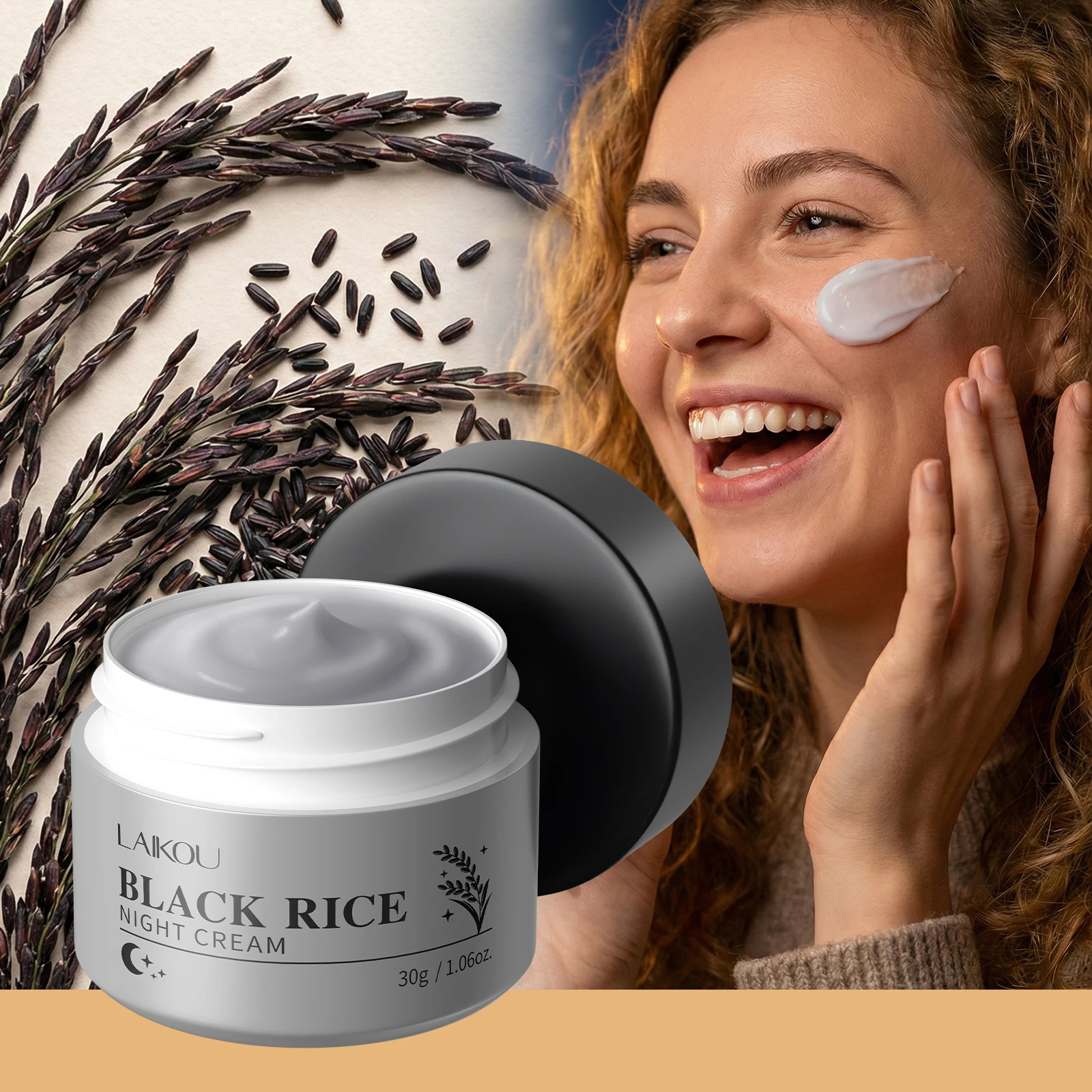 LAIKOU Black Rice Night Cream 30g Long-Lasting Moisture Overnight Glow with Ceramides Niacinamide Face Care