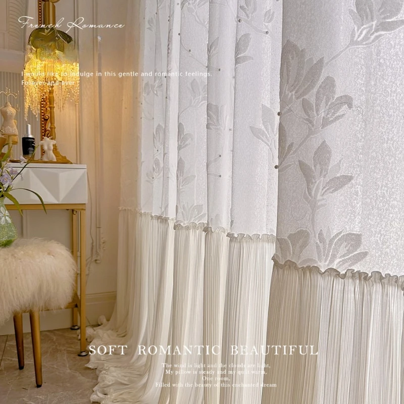 Velvet Embossed Gauze Curtains with Spliced ​​skirts and Curtains That Are Light-transmitting and Impermeable To People
