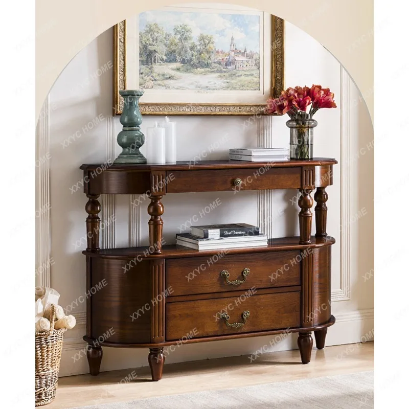 Solid wood corridor aisle wall cabinet door retro semicircular end stage locker sofa back table