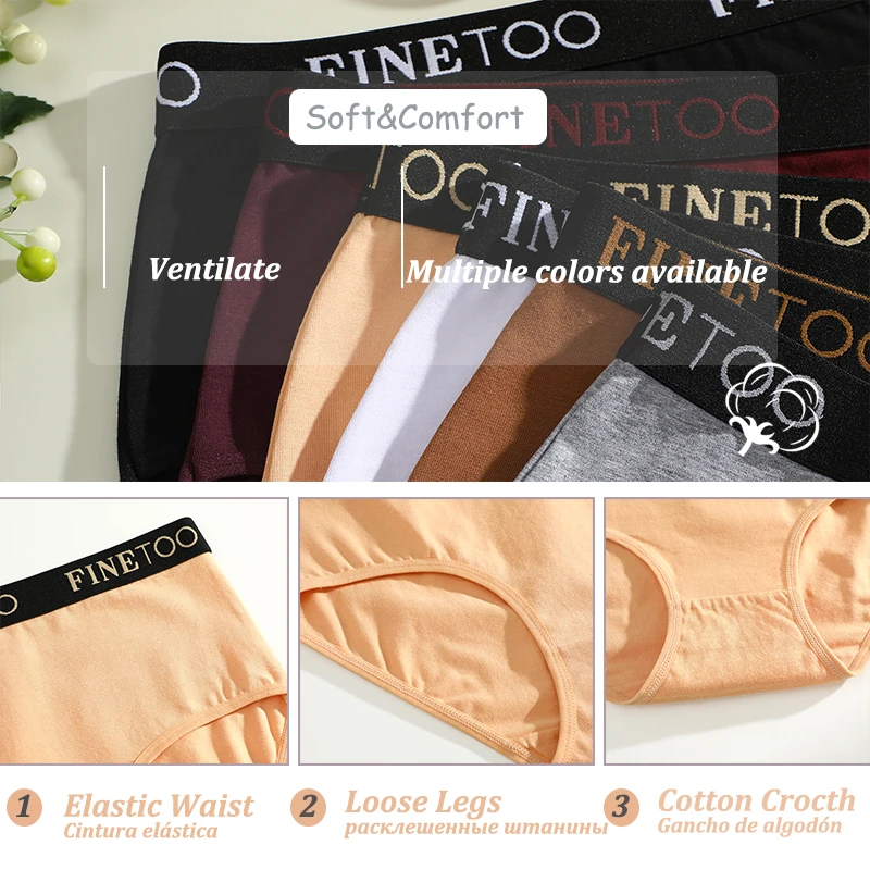 FINETOO 4Pcs/Set Sexy Women Mid Rise Cotton Briefs Elastic Letter Wide Waistband Panties Soft Breathable Ladies Underwear S-XXL