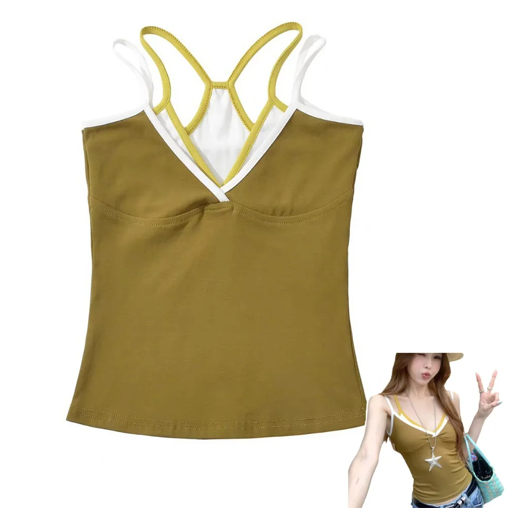 Fashion False Two-piece Camisole Vest Strappy Sexy Design Crop Top Slim Fit Bottoming Shirt Summer