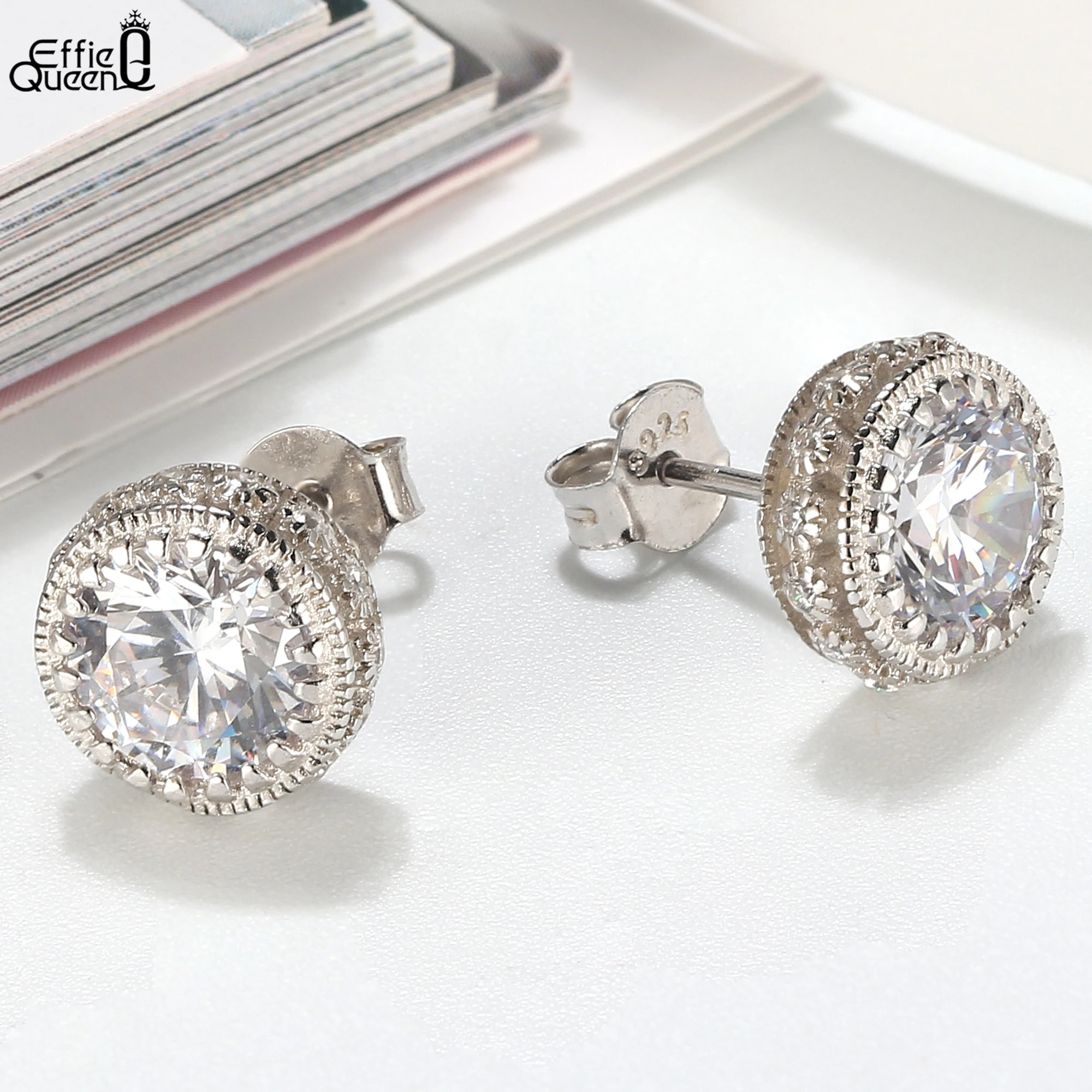

Effie Queen Brilliant Round Cut Cubic Zirconia Stud Earrings 925 Sterling Silver Versatile Gift CZ Earring Classic Jewelry SE231