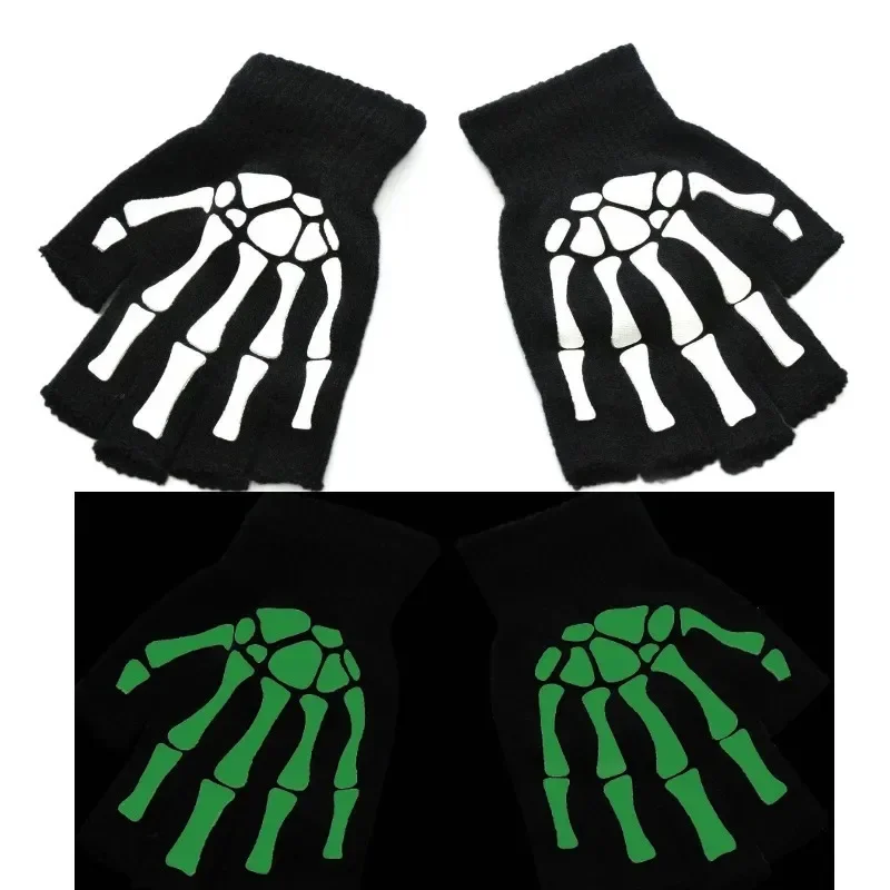 Guantes luminosos de medio dedo con calavera y esqueleto de Halloween para niños y adultos, manopla sin dedos con calavera de invierno para eventos, fiestas, ciclismo festivo