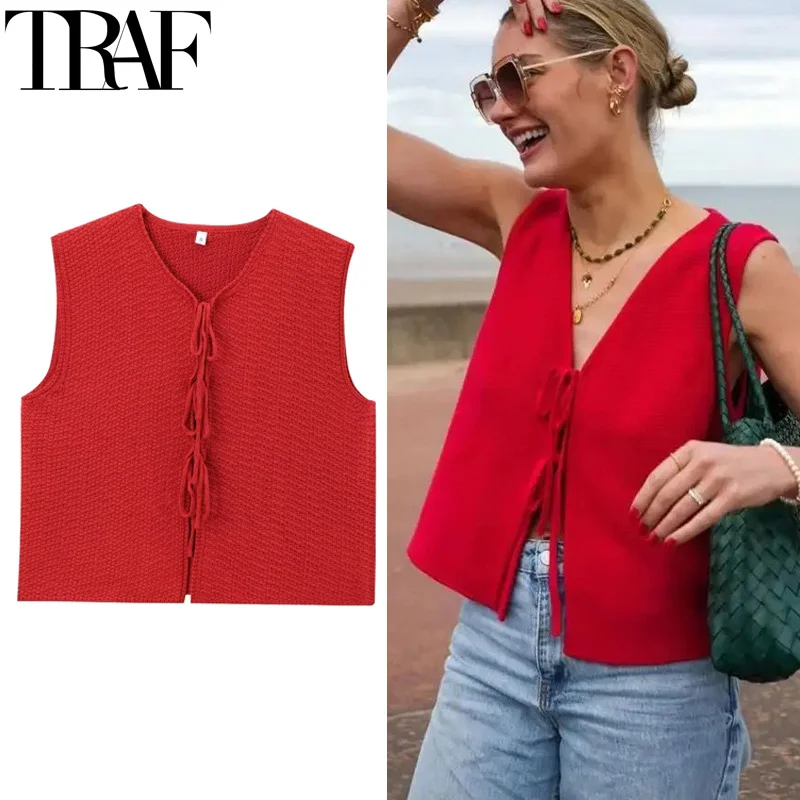 TRAF 2024 Short Sweaters Waistcoat Red Knitted Vest Woman Lace Up Sleeveless Cropped Sweaters Black Vest Fall Cut Out Knit Top