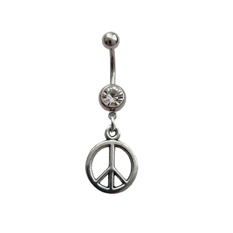 

Peace Sign Pendant Belly Ring Surgical Stainless Steel 14G Navel Barbell Stud Body Piercing Hippie Style for Woman