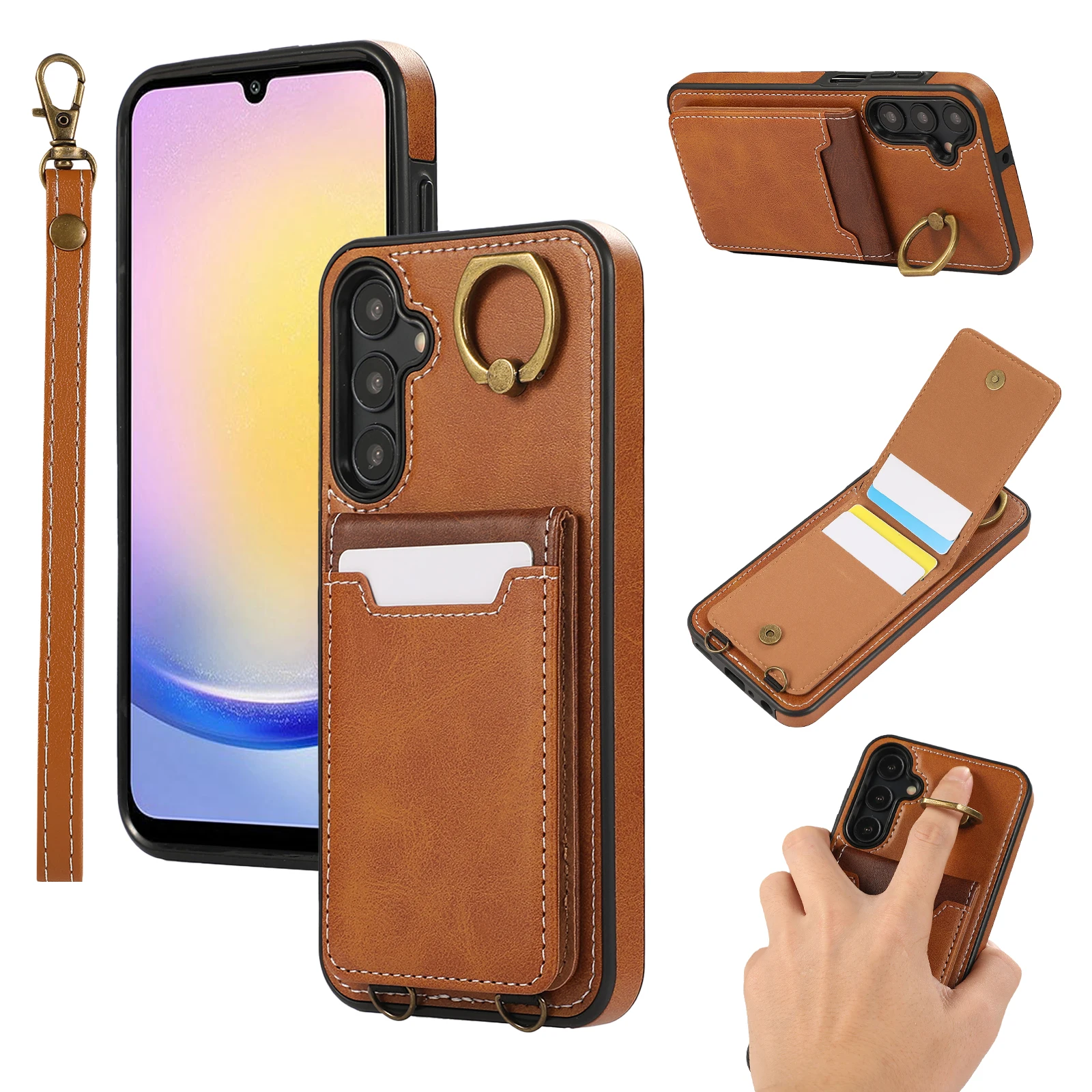 

Shockproof Leather Card Holder Wallet Case for Samsung Galaxy A15 A55 A35 A54 A53 A73 A33 A14 A34, Ring Kickstand Cover Lanyard