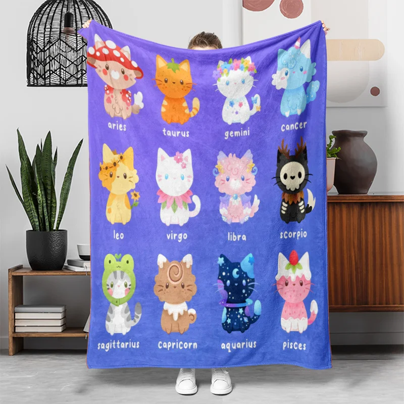 12 Constellation Cartoon Cat Flannel Blanket, Lovely Zodiac Kitten Pattern Lightweight Throw Blanket for Bed Couch Home Use
