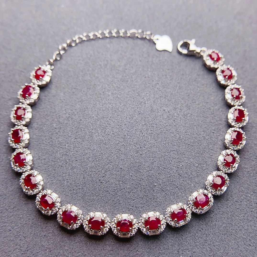 S925 Sterling Silver Natural Ruby Tennis Bracelet,3*4mm Round‑Cut Gemstone Adjustable Jewelry Gift for Women
